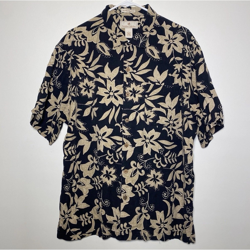 Paradise Collection 100% Silk Hawaiian Mens L Graphic Beach Black Beige Shirt